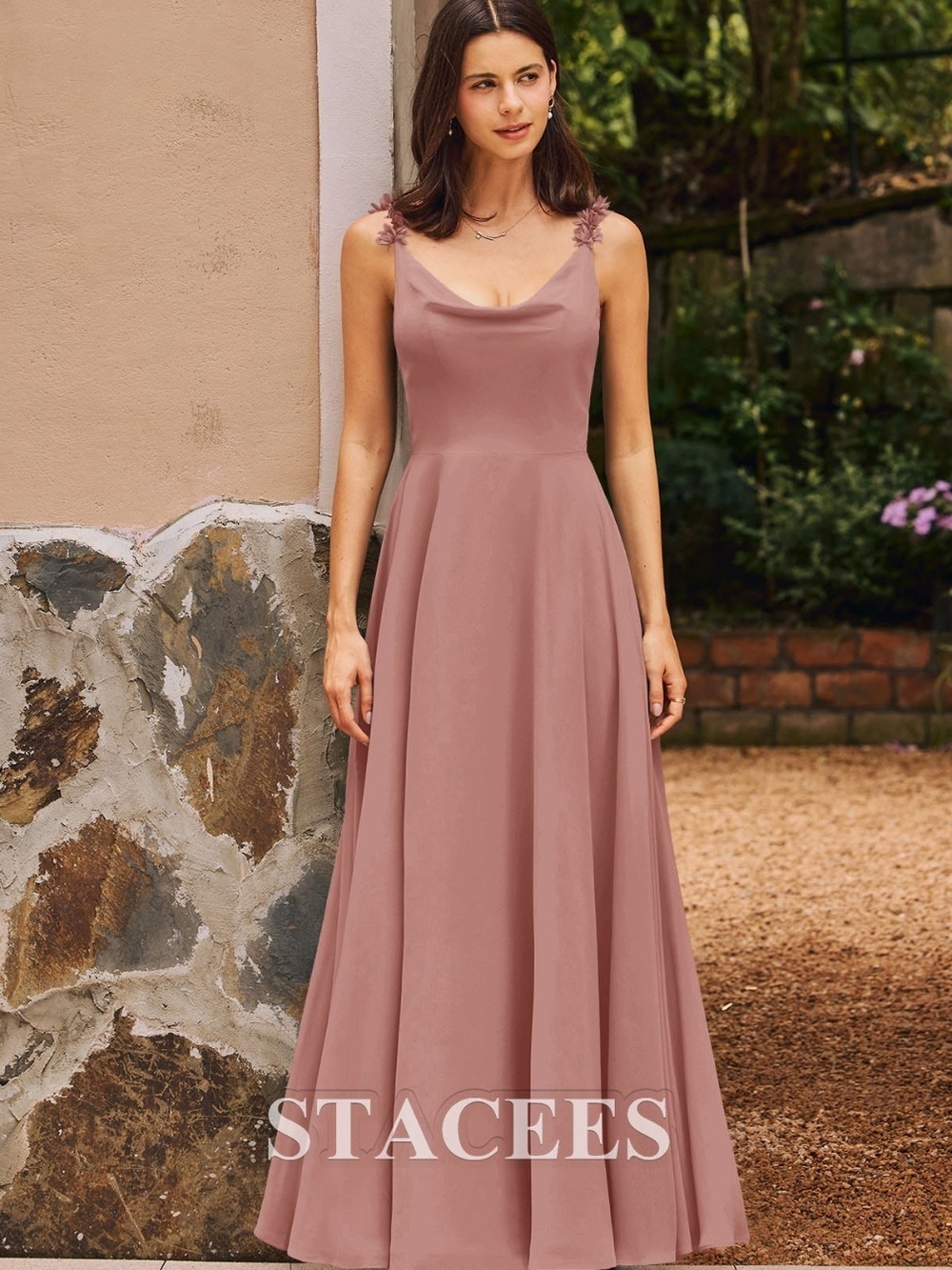 NEW StaceeS Dusty Rose Cowl Neck Maxi Bridesmaid Dress